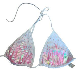 Victorias Secret Womens Medium White Pink Sequins Bikini Swim Top Y2K